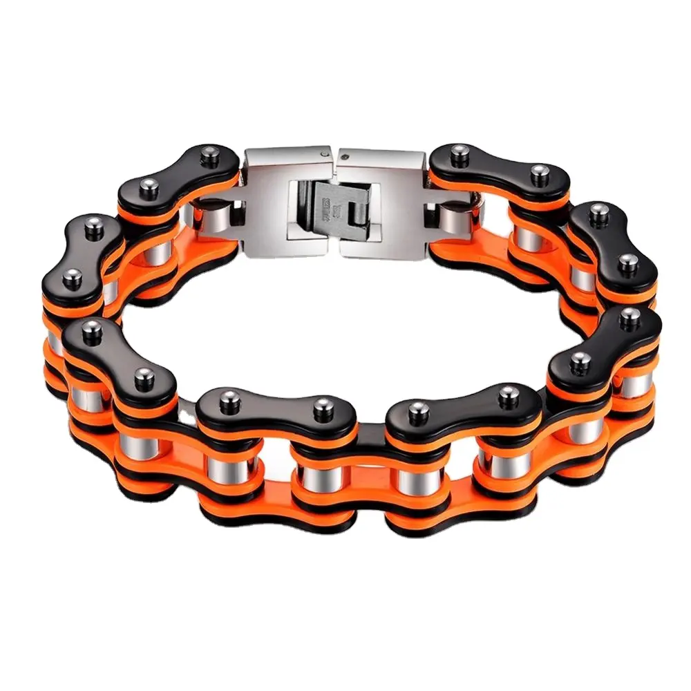 Hot Selling Popular Orange black titanium steel latest bike chain bracelet for men High Quality Punk Rock Man Jewelry