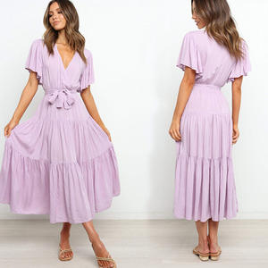 2025 nuovo Design caldo moda <span class=keywords><strong>Abaya</strong></span> donna collo a V maniche corte cravatta vita Maxi abiti con ciondolo - Product Image 1