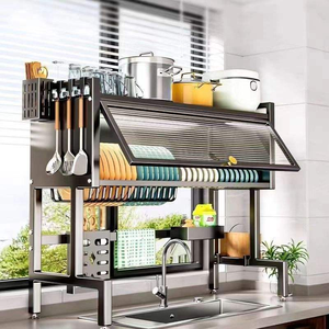 Égouttoir à vaisselle polyvalent en métal pour évier, en acier au carbone épaissi, organisateur de rangement de cuisine avec plateau d'égouttage et couvercle anti-poussière - Product Image 5