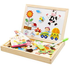 Mainan Puzzle kayu anak-anak, papan teka-teki Jigsaw dua sisi, mainan pendidikan kayu untuk balita - Product Image 1