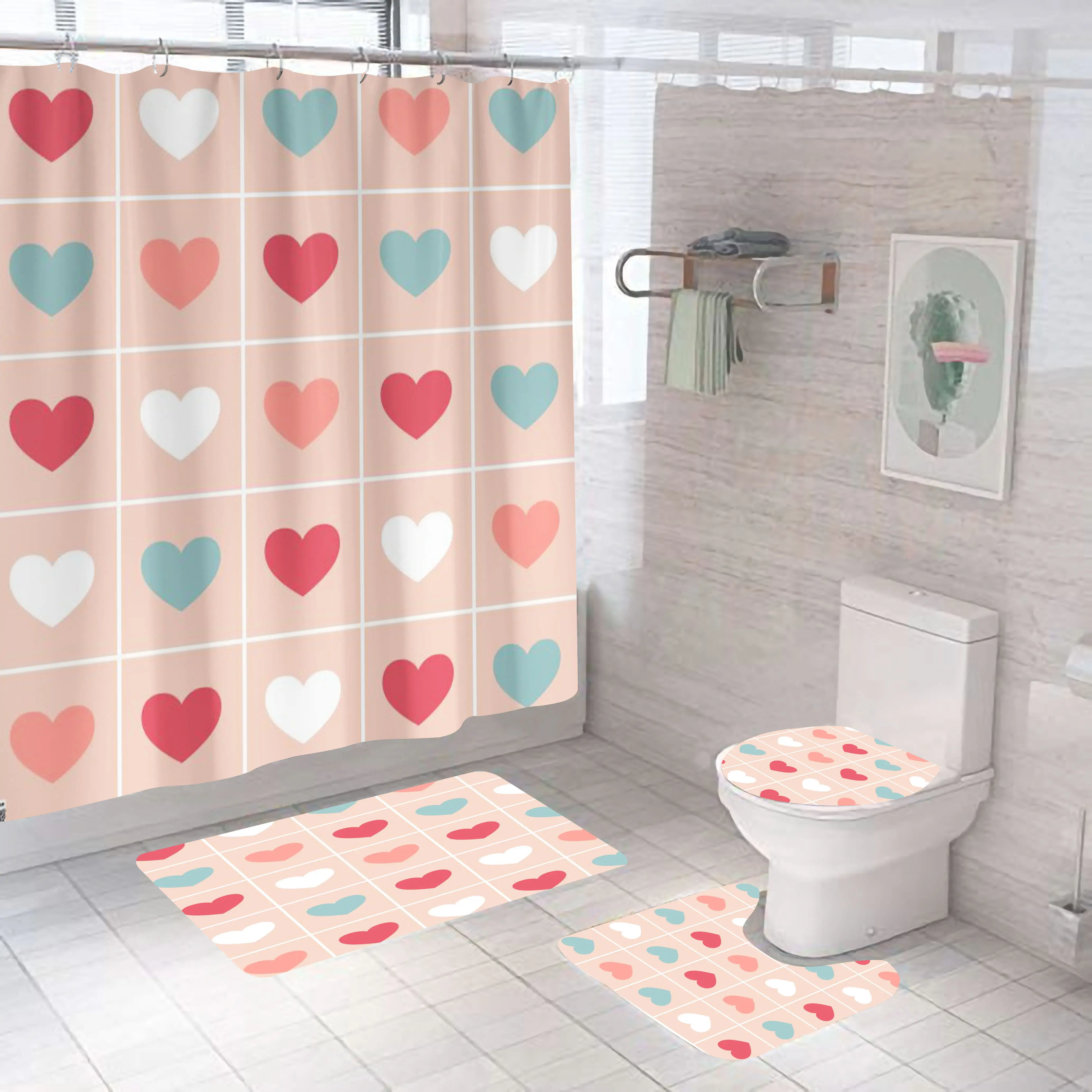 Love is love color Cute Patterns Picture 100% Polyester Waterproof Bathroom Bath Set Shower Curtain And Rug Set