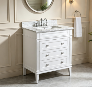 Ensemble de meuble-lavabo moderne pour salle de bain, construction en bois massif, finition laquée, dessus en marbre, égouttoir en acier inoxydable, miroir en céramique - Product Image 2