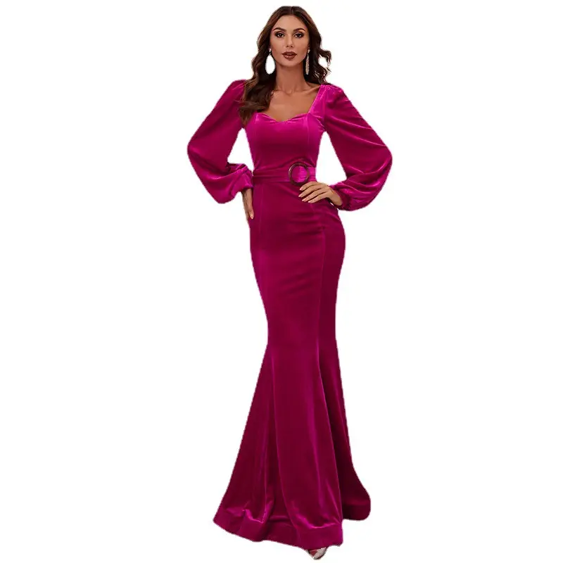 Turkish Luxury Elegent Velvet Red Long Sleeve Backless Slim Fitted Tail Cocktail Formal Wedding Party Gala Evening Dresses
