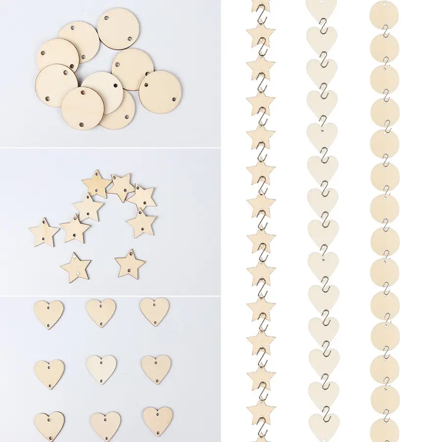 100pcs/bag Christmas Wooden Ornaments Round Heart Star Tags Cutouts with Holes S Hook Connectors for Birthday Valentine Board