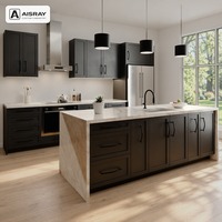 Meuble de cuisine en mélamine Shaker avec îlot, portes à cadre noir, options de rangement coulissantes et boîtes de rangement en contreplaqué