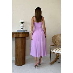 ชุดราตรีทรงเอไลน์ผ้าซาตินสีไลลา คอเหลี่ยม เอวธรรมชาติ แต่งระบาย สวยสง่า - Product Image 1