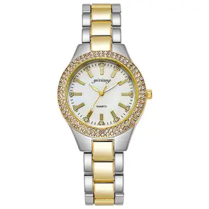 שעון צמיד יהלומים אופנה לנשים סט עם תנועת קוורץ, רצועת פלדה זהב שעון יד לנשים