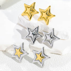 1 Par de Pendientes Colgantes de Pentagrama de Doble Capa Chapados en Oro de Acero Inoxidable - Diseño Chic con Bloques de Color para Fiestas y Uso Casual - Product Image 1