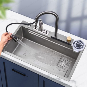 Handmade 304 thép không gỉ bồn rửa đơn Nano Fly-rain Thác nước phong cách với vòi vuông bát đơn nhà bếp món ăn bồn rửa - Product Image 4