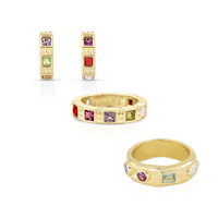Parure de bijoux Gemnel martelée à la main, en laiton, avec zircon multicolore taille baguette et ovale, boucles d'oreilles créoles épaisses et bagues empilables pour femme