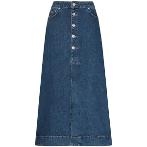 Classic Medium-Blue Front Button Calf Length A-line High Waisted Skirt Jeans Skirt Women Denim Jean Skirt