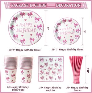 Decorazioni per Feste di Compleanno Rosa con Fiocco, Inclusi Piatti, Tovaglioli, Tovaglia, Striscione di Buon Compleanno, Palloncini, Decorazioni per <span class=keywords><strong>Torta</strong></span> per Ragazze - Product Image 3