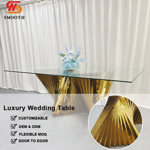 Table de mariage de luxe en acier inoxydable doré moderne avec surface en verre, table de dîner de mariage à vendre - Product Image 2