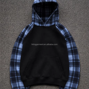 Hoodie décontracté streetwear personnalisé pour homme et femme, effet délavé, patchwork à carreaux, manches contrastantes - Product Image 1