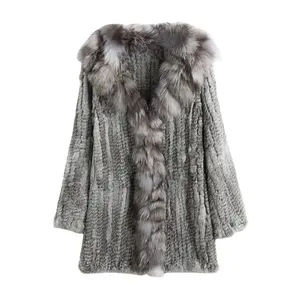 Pudi 2020 New Autumn Women Genuine Rabbit Fur Coat Casual Coats Jacket Cloth CT903 with Real Fox Fur Collar Lady Long Standard