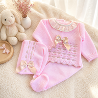 Combinaison en coton pour bébé KAIYUE, ensemble de layette tricoté sur mesure pour nouveau-né avec col en dentelle à volants, nœud en satin, bordure festonnée, bonnet