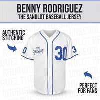 Maillot de baseball classique pour hommes des années 90 Benny Jet Rodriguez # Maillot de baseball à manches courtes avec 30 boutons, Sandlot Iconic Legend Stitches, tailles plus grandes