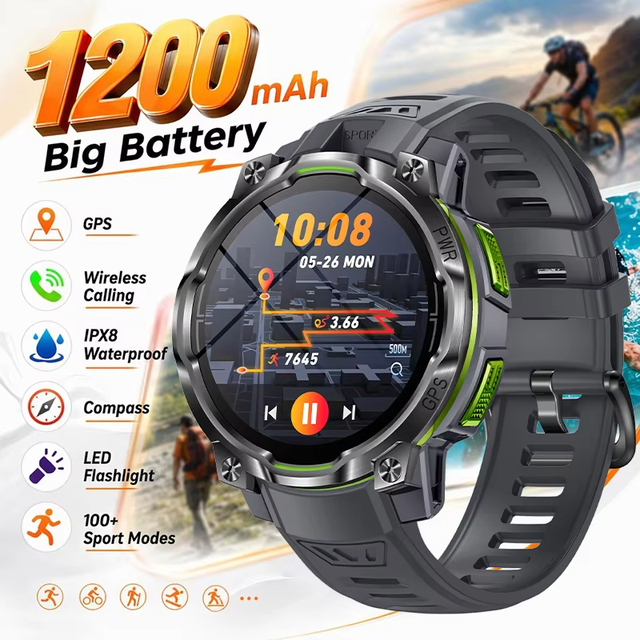 KC108 Rugged Smartwatch 1.46 HD Screen 6-axis Gyroscope GPS Compass Heart Rate Altitude Air Pressure Connected Watch 2026