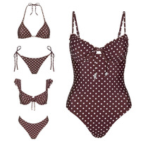 Ensemble de bikinis pour femmes, personnalisé par le fabricant, en tissu recyclé, avec breloque en perles, imprimé à pois chocolat, double doublure