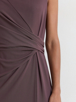 Robe midi chic marron chocolat asymétrique à une épaule, froncée, avec découpes en dentelle crochet, en mélange de lin, moulante, pour l'été