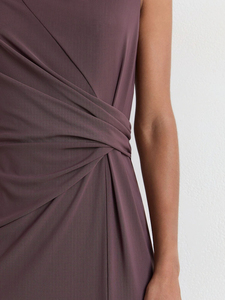 Robe midi chic marron chocolat asymétrique à une épaule, froncée, avec découpes en dentelle crochet, en mélange de lin, moulante, pour l'été - Product Image 2