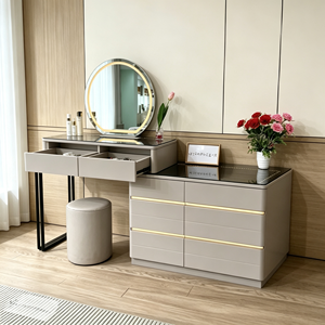 Moderno Set de Maquillaje Beige con Espejo Iluminado LED, Gabinete de Almacenamiento y Taburete - Product Image 1
