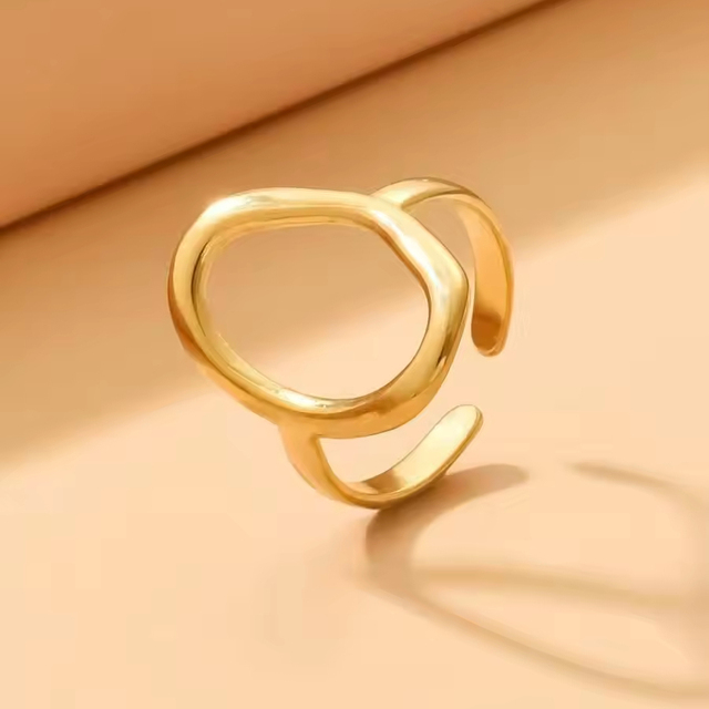 INS Simple Baroque Style Stainless Steel Gold Plated Hollow Geometric Oval Open Resizable Ring