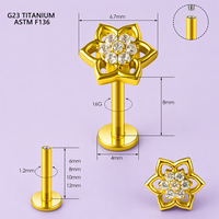 Labret à dos plat en titane ASTM F136 avec grappe de fleurs en oxyde de zirconium et pétales pointus, couleur or et argent, pour cartilage, bijoux de corps, vente en gros