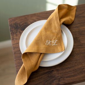 Custom Embroidered <b>Linen</b> Napkin Mustard Yellow Square 70x120cm Handmade Classic <b>Table</b> Decoration - Product Image 1