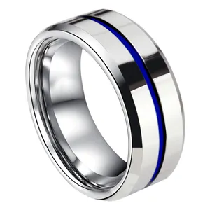 SZ CHENG JEWELERS tepi miring gaya satu alur biru diisi cincin karbida tungsten