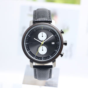 Nouvelle montre chronographe 2025 avec boîtier en bois foncé, cadran guilloché noir, deux sous-cadrans et aiguille <span class=keywords><strong>chrono</strong></span> jaune néon - Product Image 1