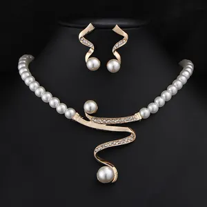 Wedding Bridal Crystal Necklace Earrings Gold Color African bridal jewelry Set Vintage Simulated Pearl Jewelry Sets For Women