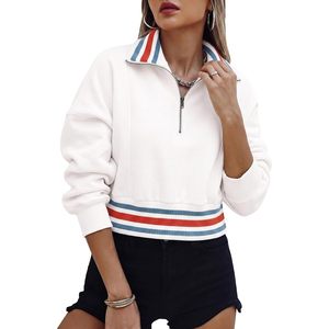 Sudadera Corta Personalizada para Mujer con Media Cremallera, Manga Larga, Cuello Alto y Rayas Acanaladas - Product Image 1