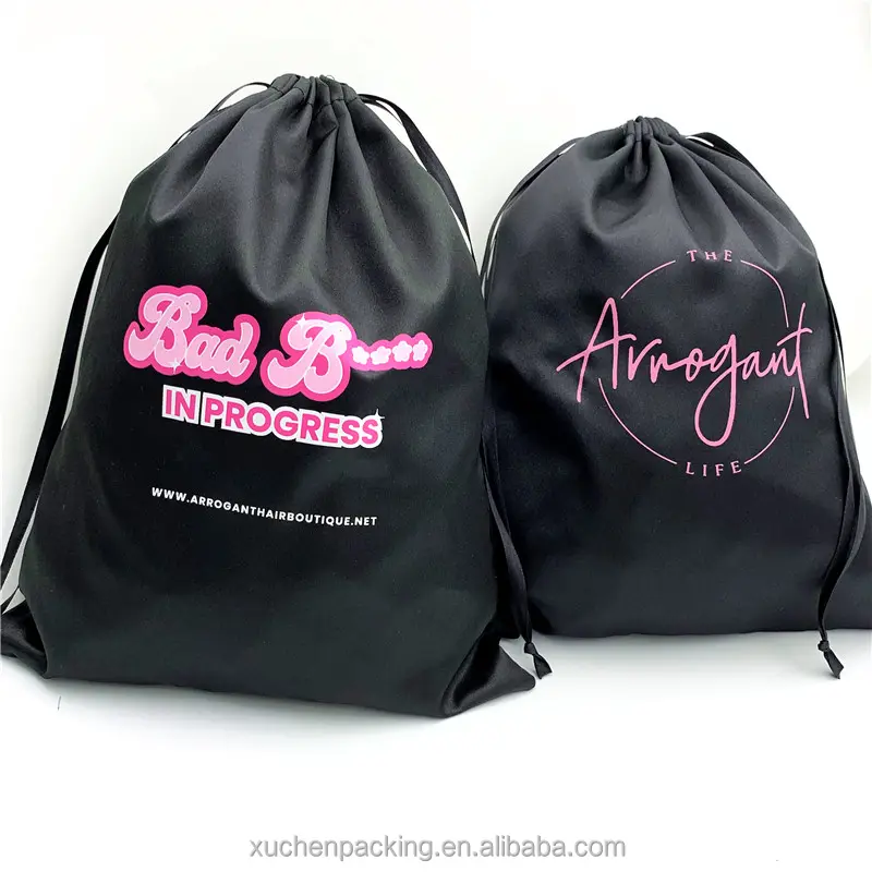 Custom Size Black Satin Bag for Hair Extension Packaging Satin Women Wig Storage Bag