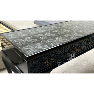 Table de toilette de luxe avec plateau en verre, ensemble de table basse rectangulaire en bois noir avec pieds courbes pour salon, table de toilette avec plateau en verre - Product Image 4