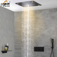 Pomme de douche carré à led double laiton avec système thermostatique, effet pluie, cascade et brouillard, noir mat