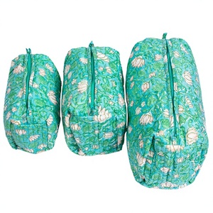 Eco-Friendly Floral Block Printed Quilted Cotton Makeup Bag Set Of 3 Pieces Handmade Cosmetic <b>Toiletry</b> Washable Pouch Wholesale - Product Image 1