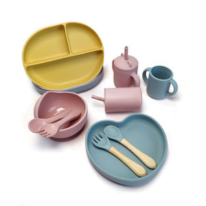 Cấp thực phẩm Silicone trẻ mới biết đi trẻ em Bộ đồ ăn trẻ em Đồ ăn thức ăn hút bé BIB tấm bát muỗng nĩa đặt - Product Image 6