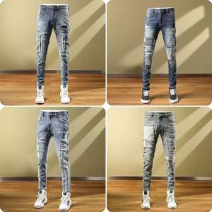 Vente en gros de jeans pour hommes, printemps et été, nouveaux jeans décontractés, polyvalents, pantalons de travail, denim uni, coupe slim, tube droit, élastique - Product Image 5