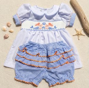 Robe en coton à carreaux bleus style vintage pour petites filles, col Peter Pan, broderie à la main - Product Image 2