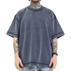 На заказ 280gsm супертяжелый высококачественный негабаритный винтажный контрастный стежок футболка с круглым вырезом хлопковая Футболка с открытыми плечами