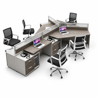 Poste de travail multi-personnes en cluster, configuration étoile, plateau en grain de bois, cadre en aluminium, écran de confidentialité, socle mobile, 3 à 6 places
