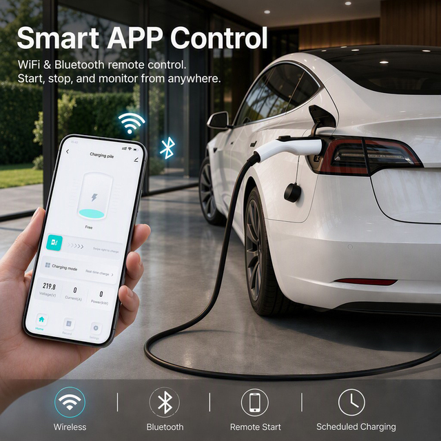 Portable EV Charger 7kW 32A Type 2 J1772 NACS Electric Car Charger Level 2 Smart APP Control OEM ODM Supplier