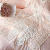 Parure de lit 4 pièces personnalisable style princesse en coton lavé brodé de dentelle, couleur unie, douce, respirante, lavable en machine