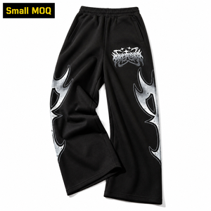 Pantalones Deportivos Anchos de Alta Calidad, 100% Algodón, Estampado Tribal de Llamas Plateadas sobre Negro, Estilo Y2K, Cintura Elástica, Ropa Casual Urbana - Product Image 1