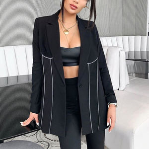 Logo personnalisé 2019 <span class=keywords><strong>Noir</strong></span> Patch Sangle Réfléchissante Sûre Femmes Oversize Blazer <span class=keywords><strong>Femme</strong></span> Casual Manteaux Bureau Dames Survêtement Chic Tops - Product Image 3