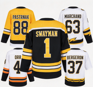 Maillot de hockey des Bruins de Boston # 1 Swayman # 88 Pastrnak # 63 Marchand # 4 Orr # 37 Collection d'uniformes cousus pour hommes Bergeron - Product Image 1