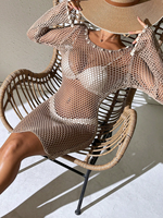 Robe mini en maille ajourée à col rond et manches longues pour femme, idéale pour l'été, avec décorations coquillages, parfaite comme cache-maillot de plage (personnalisable)