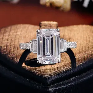 3 batu potongan zamrud Moissanite berlian pertunangan dengan cincin cincin setengah diasah untuk wanita perak 10K 14K 18K cincin emas perak