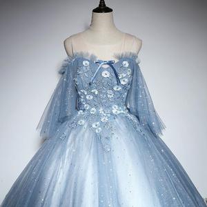 Blue Off Shoulder Tulle Ball Gown With Floral Embroidery For Women Stage Performance Dress Long <b>Skirt</b> - Product Image 4